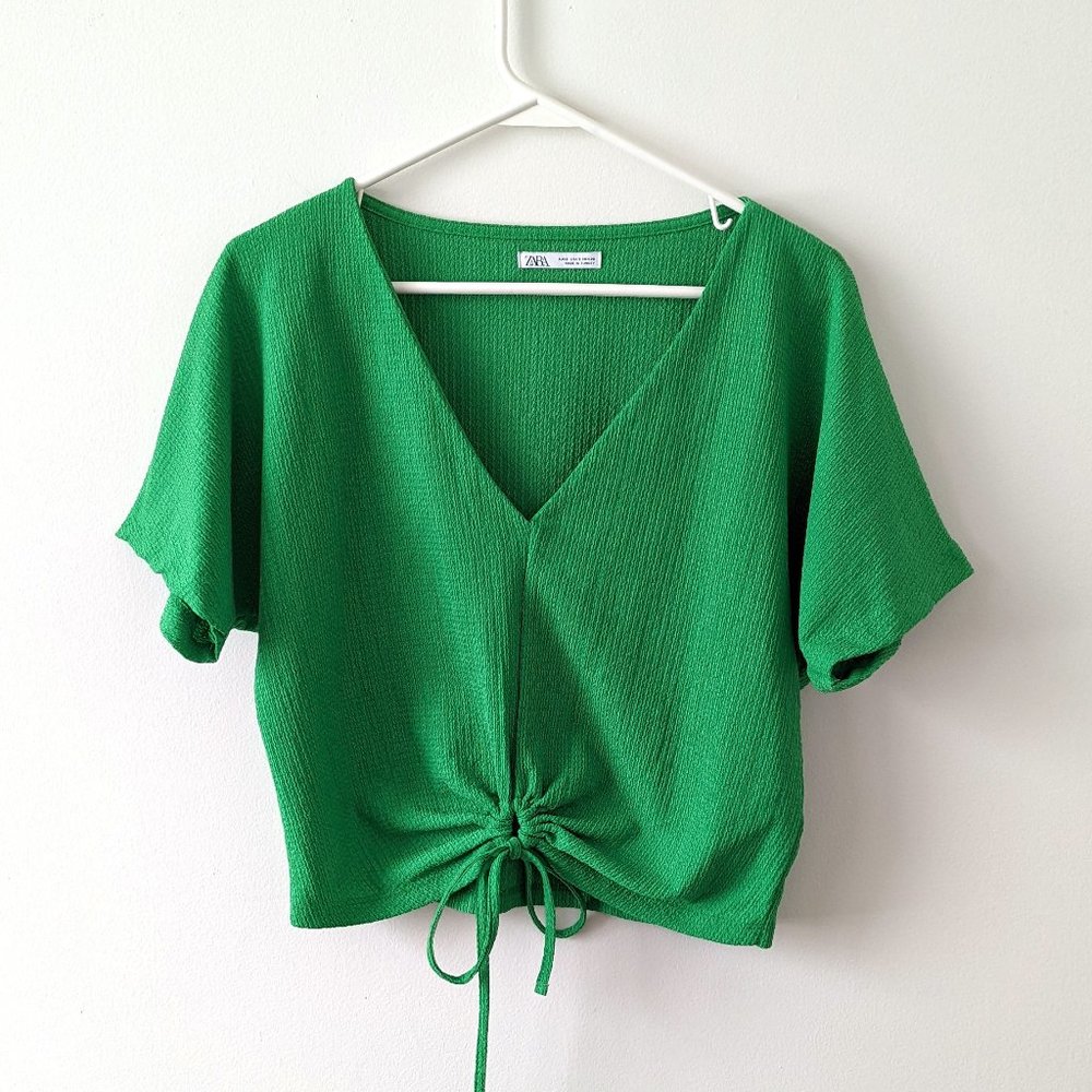 Zara Green Cropped Drawstring Top, Size Small